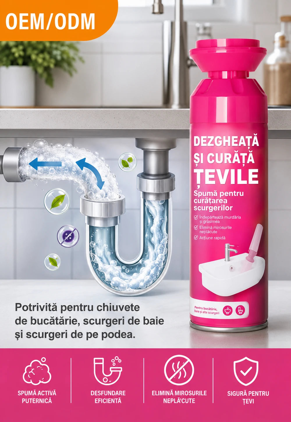 Spumă pentru curățarea și desfundarea țevilor.