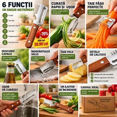 Cuțit Multifuncțional de Bucătărie cu Mâner din Lemn